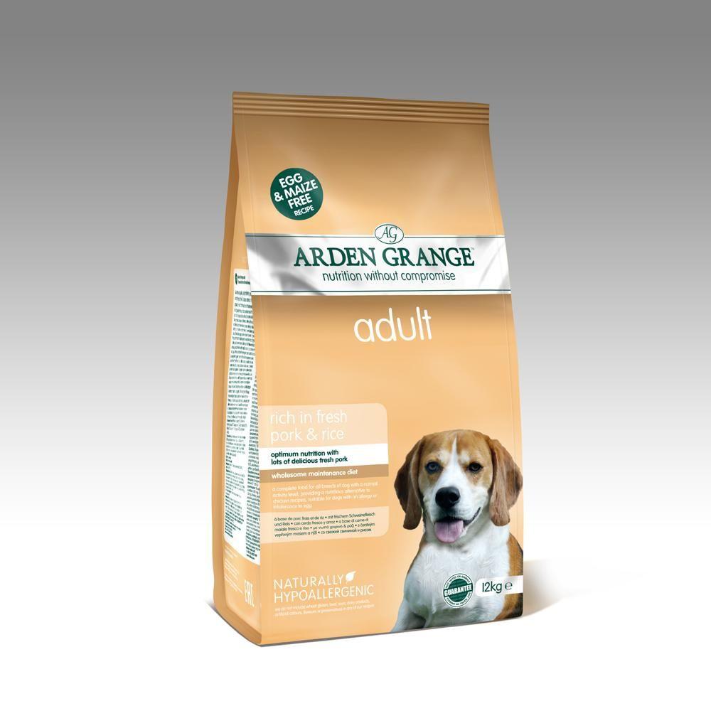 Arden Grange Pork & Rice adult dog food bag with a beagle on the front.