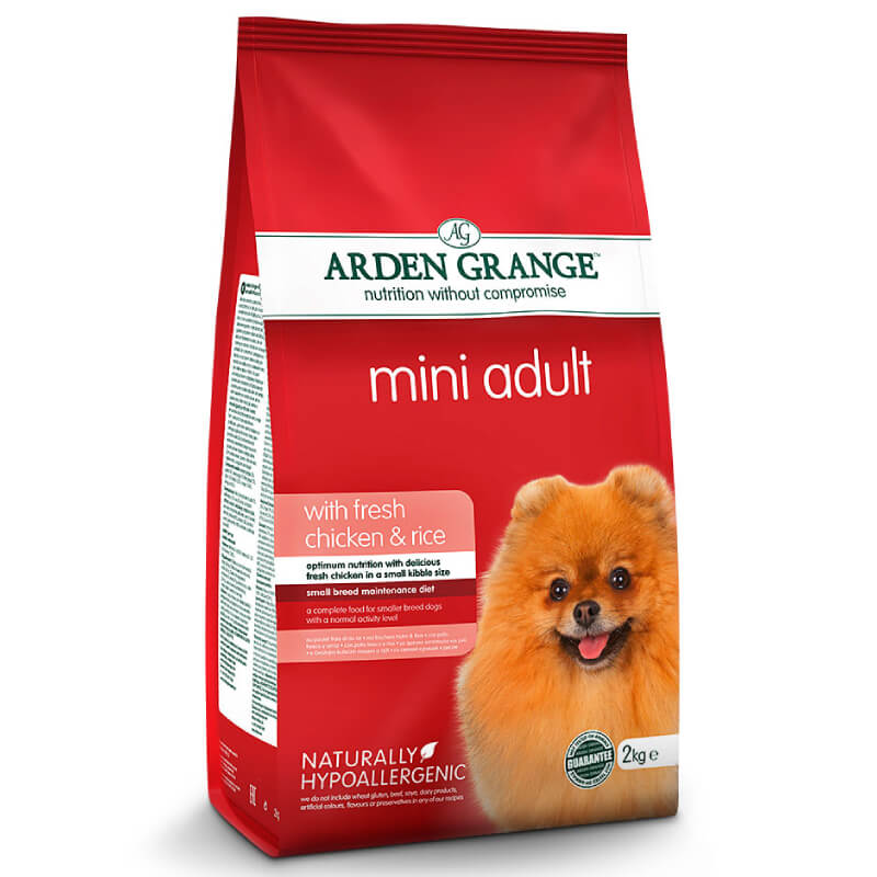 Arden Grange Adult Mini Chicken & Rice Dog Food for small breeds in a red bag.