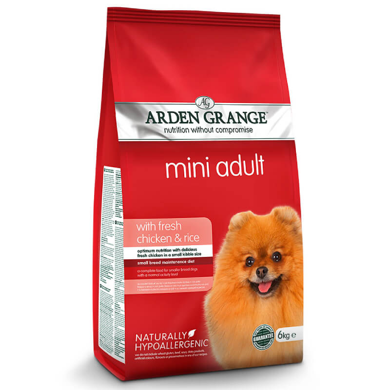 Arden Grange Adult Mini Chicken & Rice Dog Food for small breeds in a red bag.