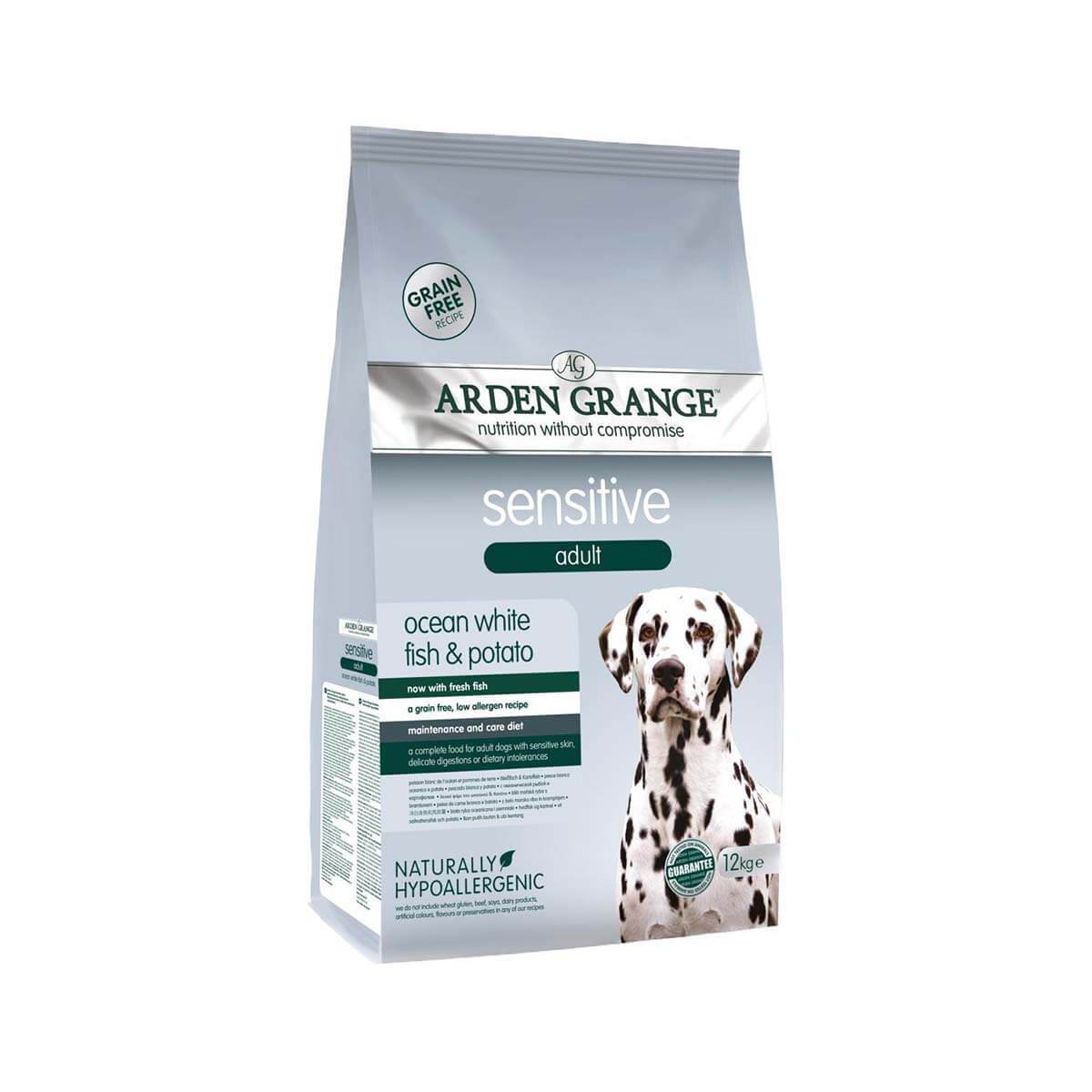 Arden Grange Sensitive Adult dog food bag for sensitive skin, with Dalmatian on packaging.