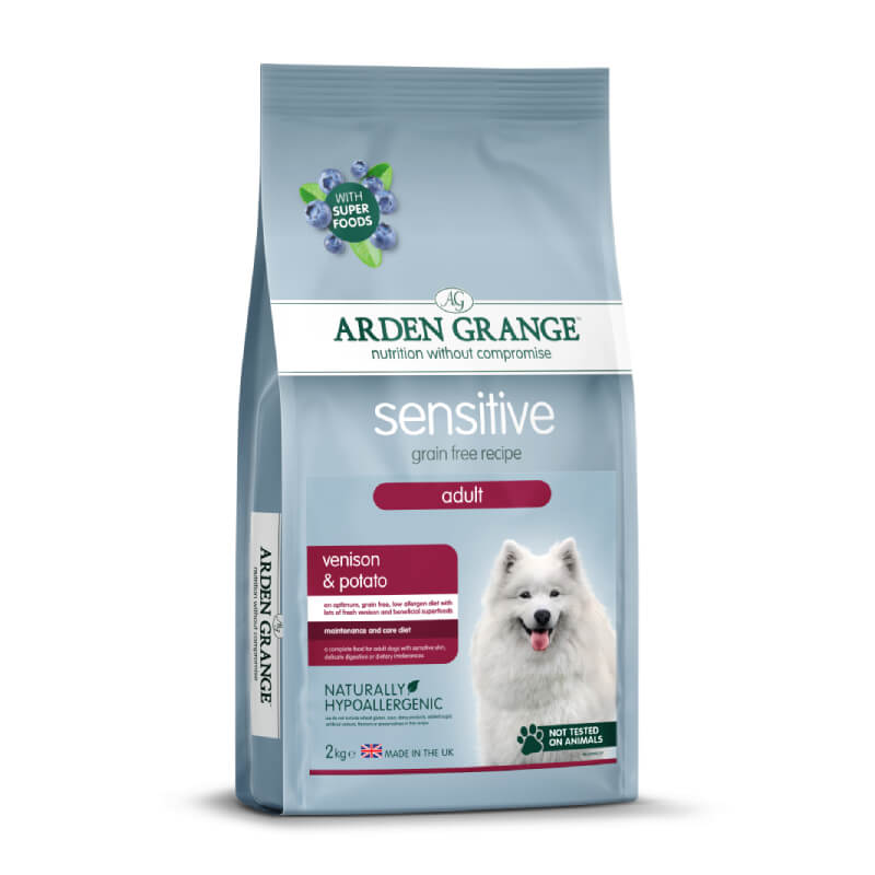 Arden Grange Sensitive GF Adult Dog Venison & Superfoods, hypoallergenic, for adult dogs.
