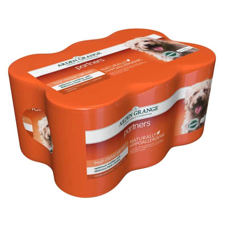 Arden Grange Partners Dog Chicken &amp; Rice 6x395g wet food in orange packaging.