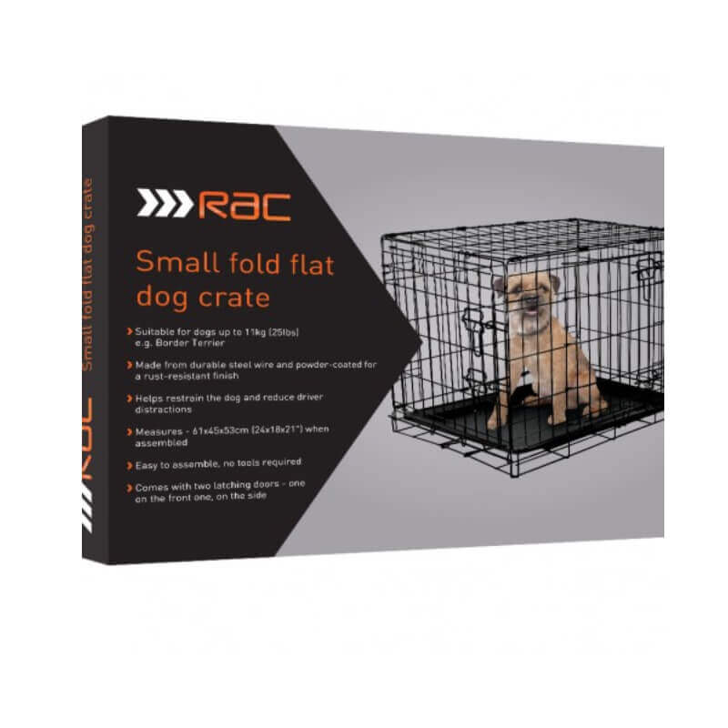RAC Metal Fold Flat Crate Small—perfect for travel with dogs comfortably inside.