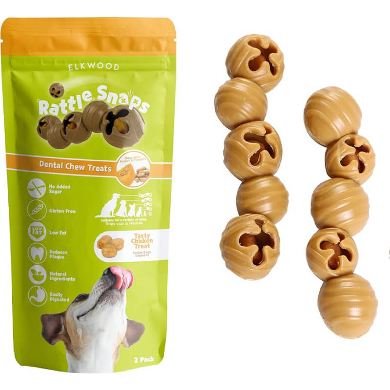 Elkwood Rattlesnaps Dental Peanut, Pumpkin &amp; Chicken 50g treats beside the packaging.