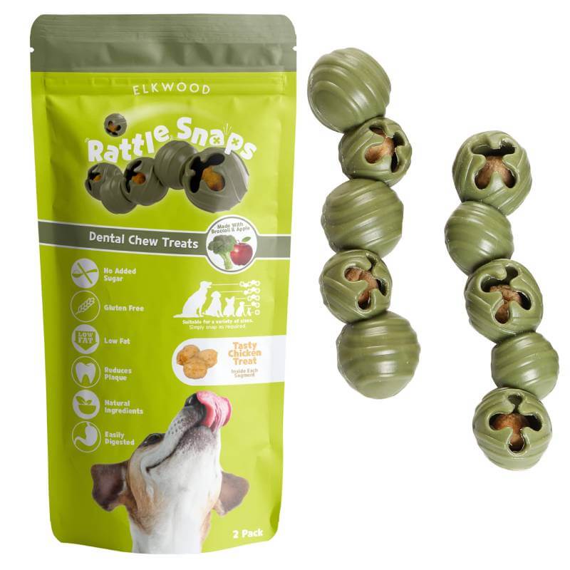 Elkwood Rattlesnaps Dental treats have broccoli, apple, and chicken for high-fiber dog snacking.
