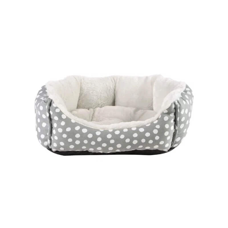 Dream Paws Scalloped Bed: gray with white polka dots, plush white interior by Dream Paws.