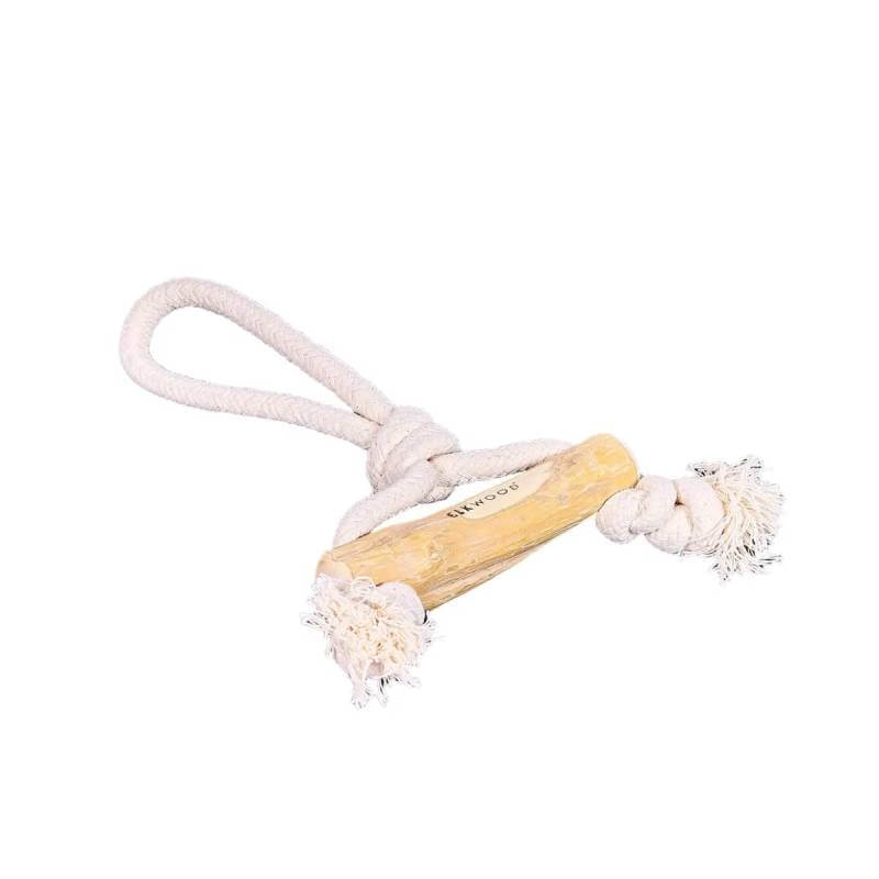 Elkwood Coffee Wood Bar Tug Toy by Elkwood features a knotted rope and durable wood center.