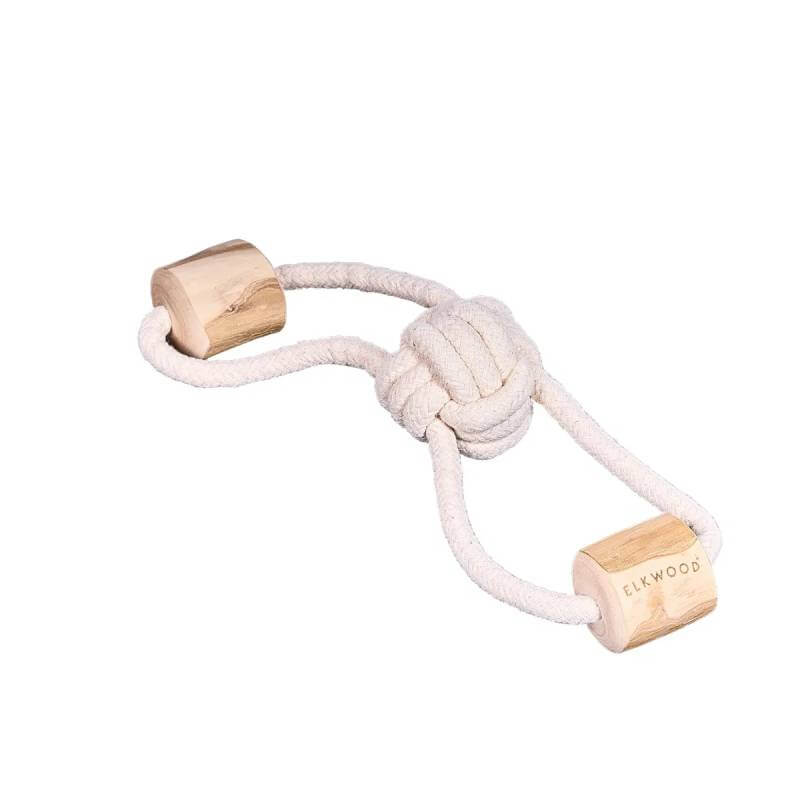 Elkwood Coffee Wood Knot Dumbell Toy by Elkwood with rope and sturdy wooden ends.