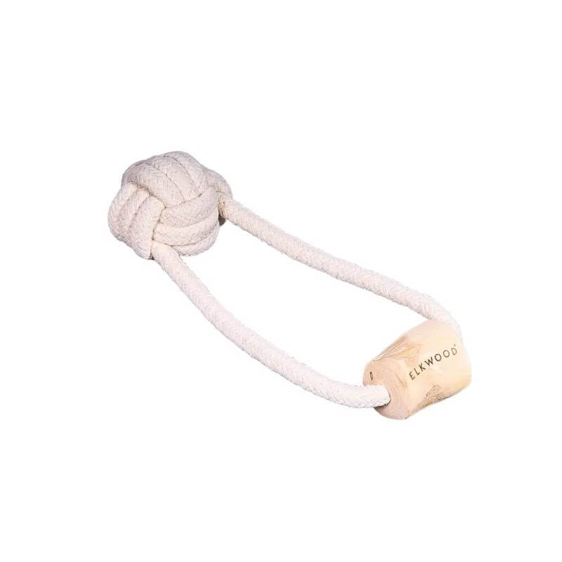 Elkwood Coffee Wood Ball &amp; Chew Toy features a rope with an elkwood handle on one end.