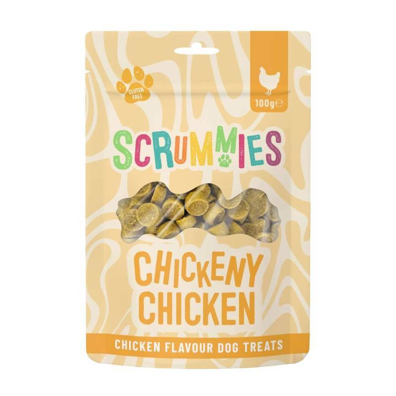 Scrummies Chicken Dog Treats 100g—chicken flavor, perfect for training.