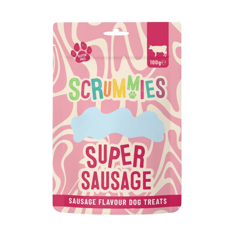 Scrummies Sausage Dog Treats 100g in playful pink &amp; white, bone-shaped, gluten free.