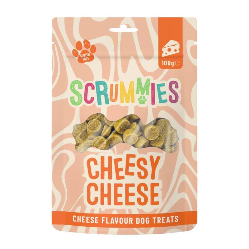 Scrummies Cheesy Cheese Dog Treats 100g, gluten free, cheese-themed pack.