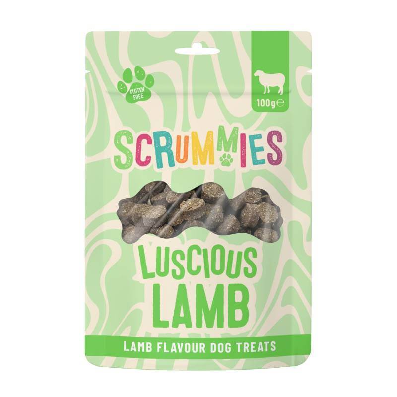 Scrummies Lamb Dog Treats 100g, gluten free, in green and white packaging.