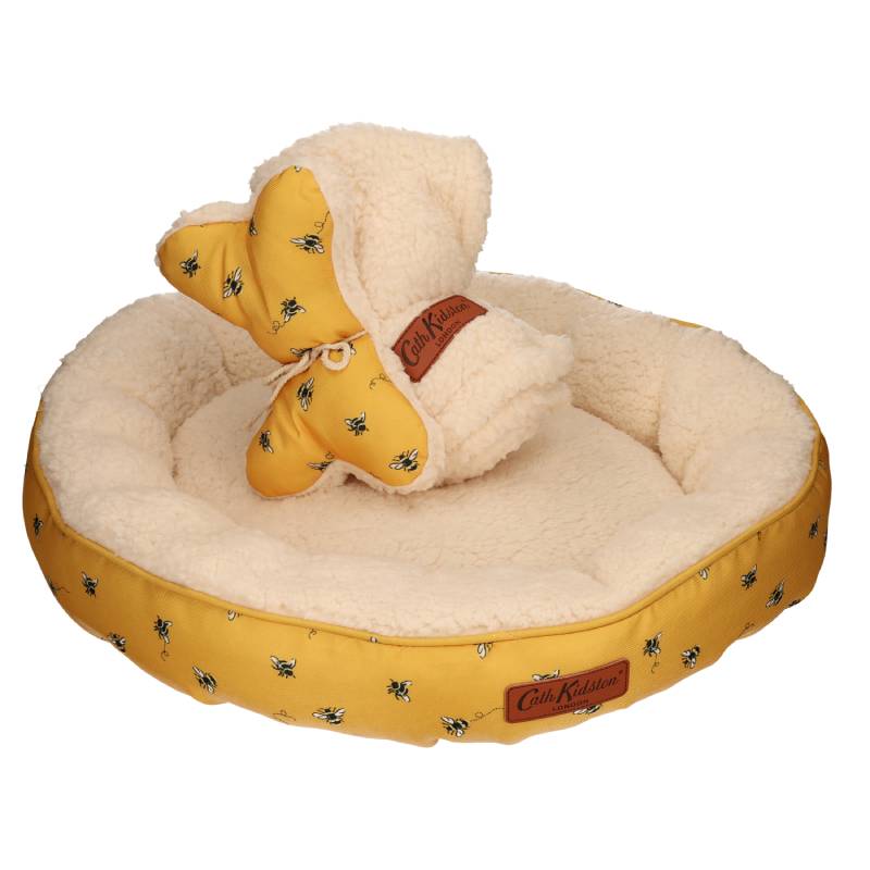 Cath Kidston Bee Print Donut Dog Bed &amp; Blanket Set with plush lining, toy, and matching blanket.