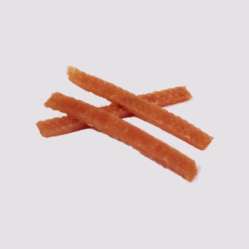 Three Tasty and Meaty Chicken Strips for Dogs 350g on a light gray background.