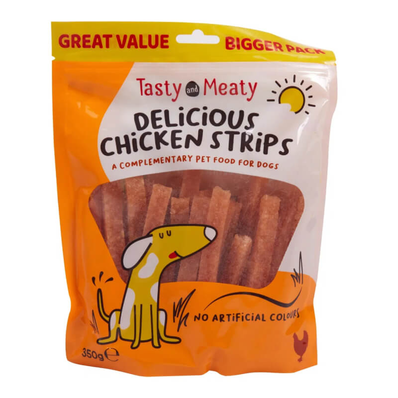 Tasty and Meaty Chicken Strips for Dogs 350g bag with cartoon dog illustration.
