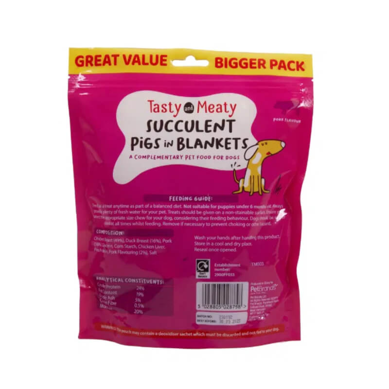 Bright pink pack of Tasty and Meaty Succulent Pigs In Blankets for Dogs 320g, cartoon dog label.