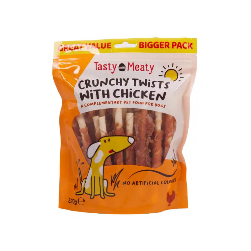 Tasty and Meaty Chewy Twists with Chicken for Dogs 320g, orange pack, high protein treats.