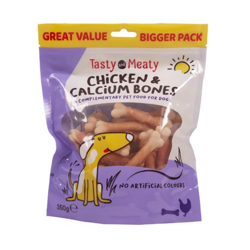 Tasty and Meaty Chicken &amp; Calcium Bones for Dogs 350g, with cartoon dog on the pack.