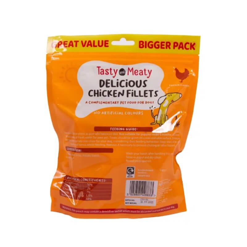 Back of Tasty and Meaty Chewy Chicken Fillets for Dogs 320g, natural high-protein dog treats.