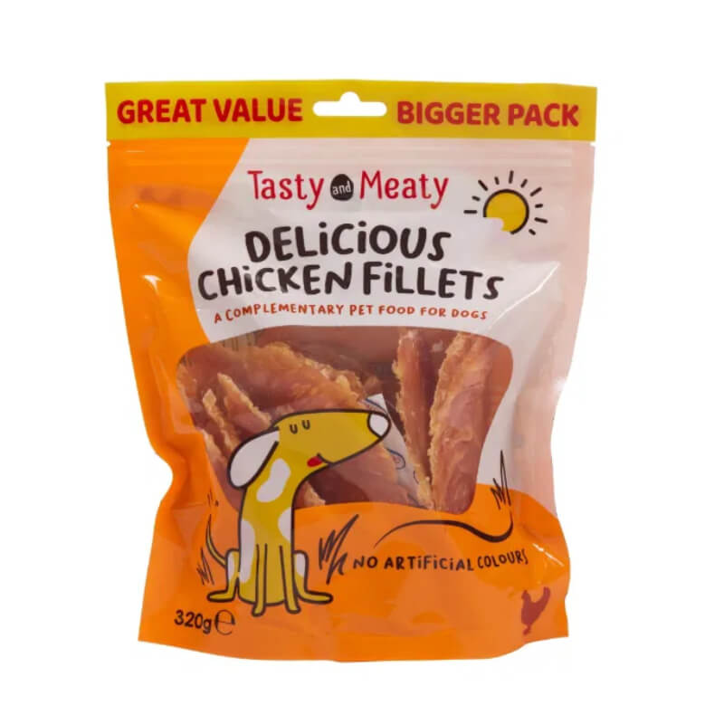 Tasty and Meaty Chewy Chicken Fillets for Dogs 320g, tasty treats with orange cartoon dog pack.