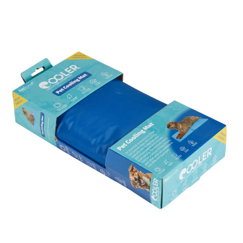 Pet Brands Cooler Pet Cooling Mat Medium 50x65x2cm in branded packaging with product info.