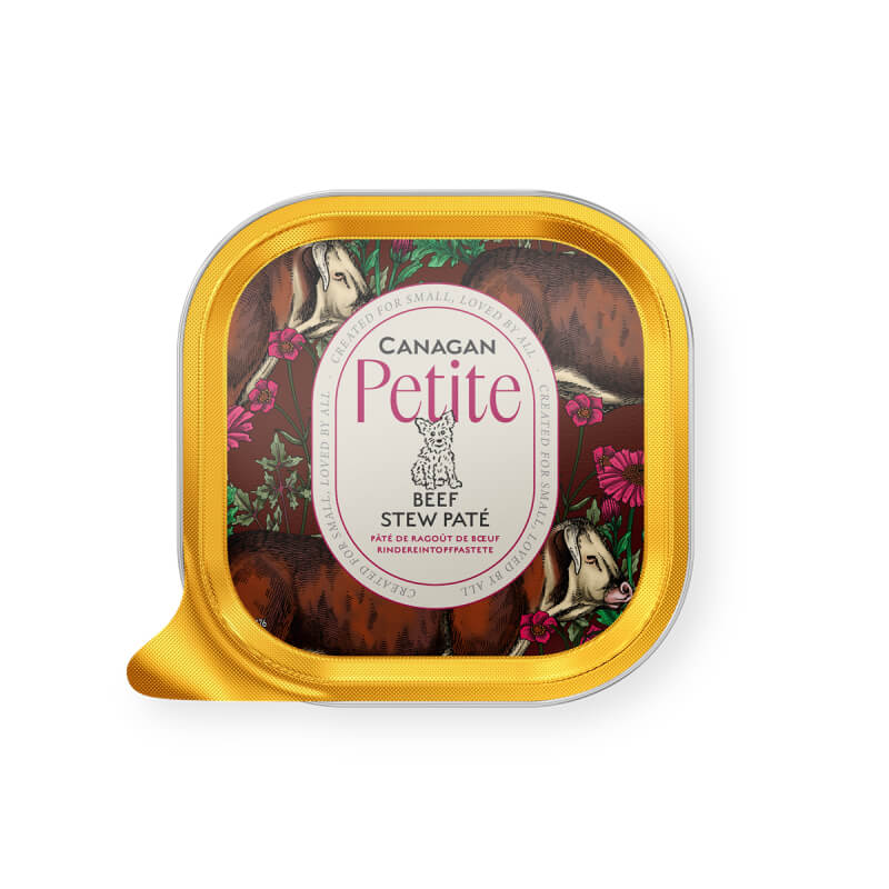 Canagan Petite Beef Stew Pate for Dogs 100g in a gold and red container with cow illustrations.
