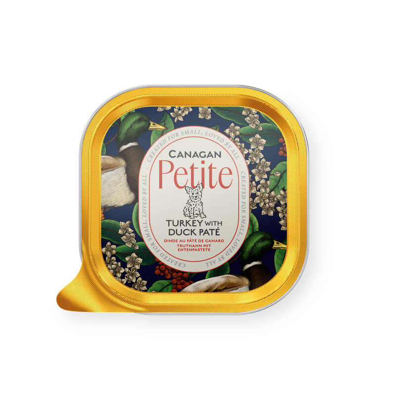 Canagan Petite Turkey & Duck Pate for Dogs 100g in a square gold and floral design container.