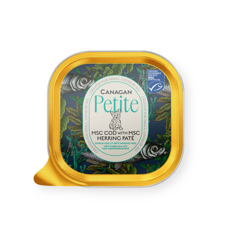 Square Canagan Petite MSC Cod &amp; Herring Pate for Dogs 100g with gold trim and veg.