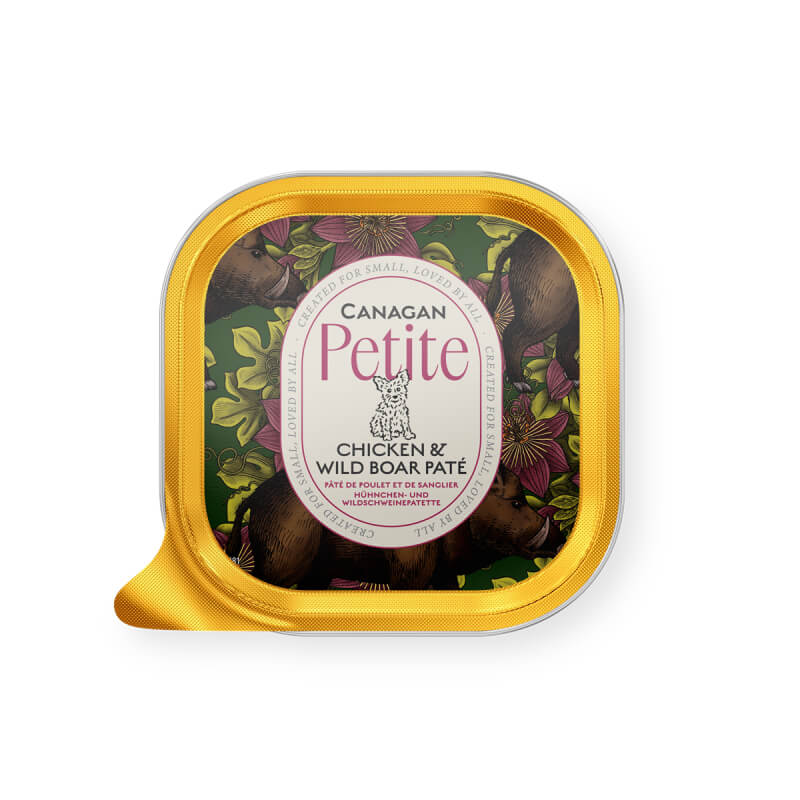 Canagan Petite Chicken &amp; Wild Boar Pate for Dogs 100g with floral boar label design.