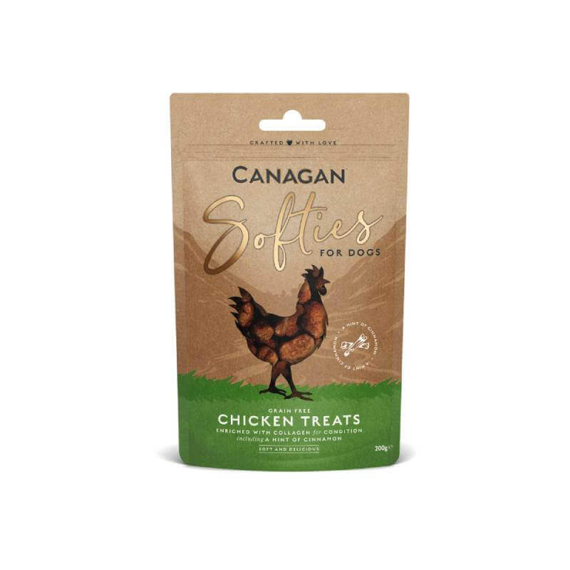 Canagan Dog Softies Chicken 200g treats come in a brown and green resealable pouch.