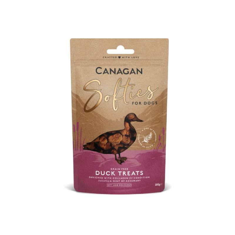Canagan Dog Softies Duck 200g treats come in a brown and purple resealable pouch.