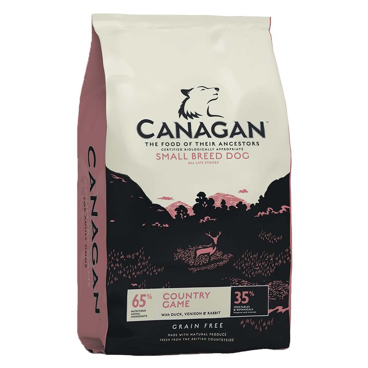 Canagan Small Breed Country Game Grain Free Dry Dog Food with countryside and deer on pack.