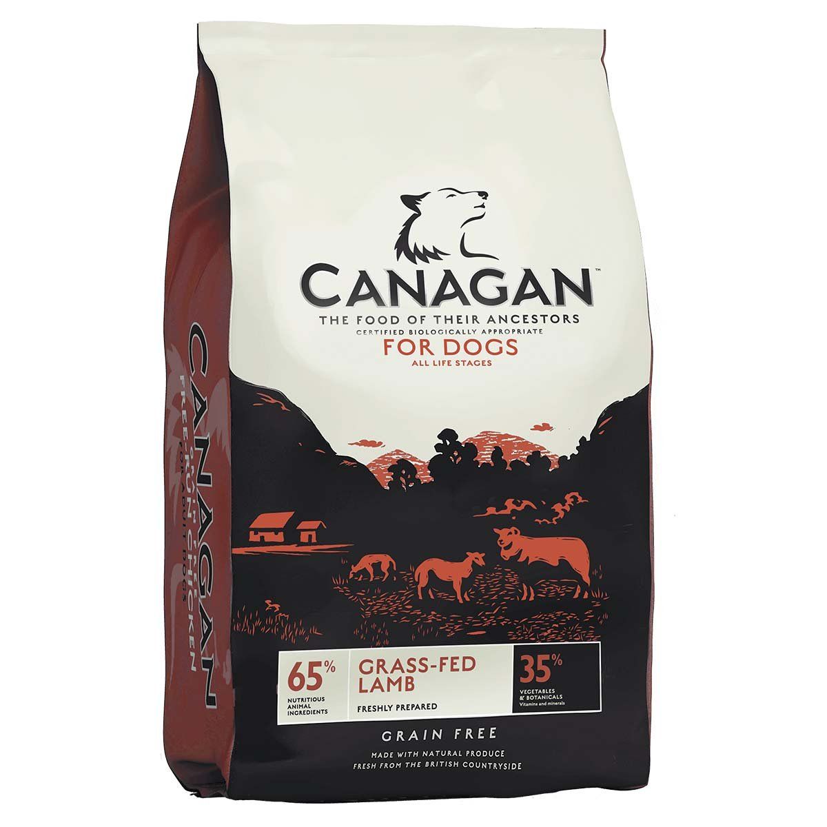 Canagan Grass Fed Lamb Grain Free Dog Food in a bag with farm illustrations on the packaging.