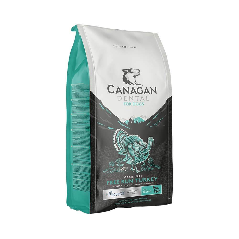 Canagan Dental For Dogs grain free turkey with Proden PlaqueOff, bag.
