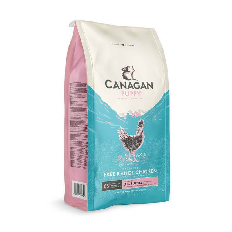 Canagan Puppy grain free food in pink and blue bag supports gut and brain health.
