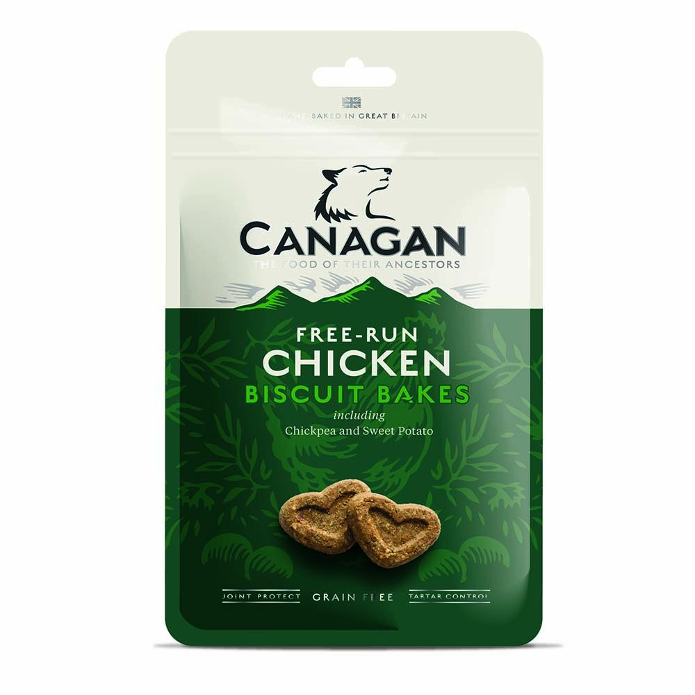 Canagan Biscuit Bakes dog treats with natural ingredients in a resealable bag.