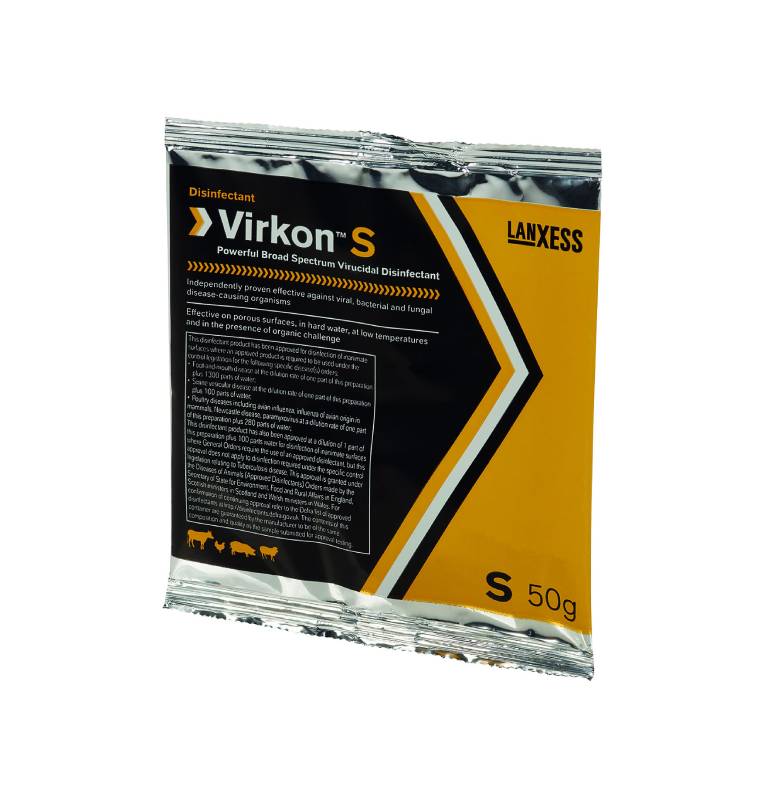Virkon S Sachet 50g, silver pack, broad-spectrum disinfectant with black and yellow label.