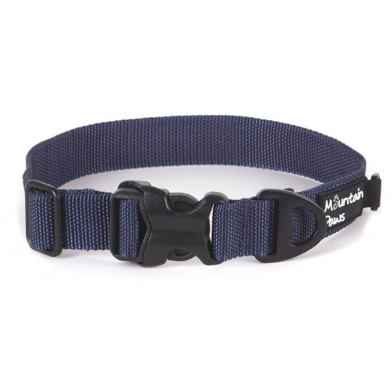 Mountain Paws Extra Tough Dog Collar Navy with black buckle and Mountain Paws label.