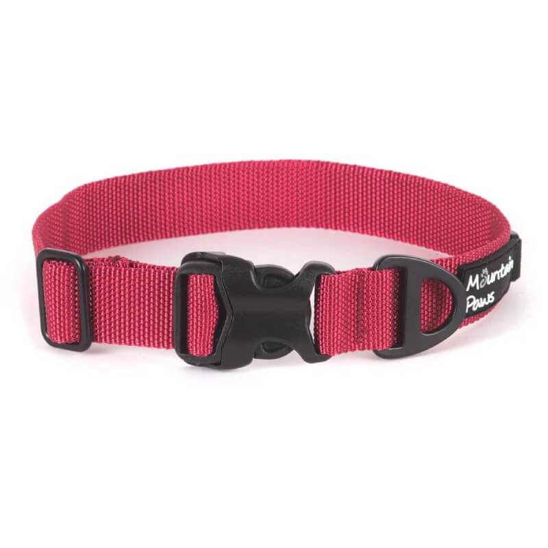 Mountain Paws Extra Tough Dog Collar Red: adjustable nylon, black buckle, metal ring.