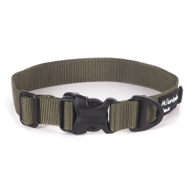 Mountain Paws Extra Tough Dog Collar Olive with black buckle and sturdy metal D-ring.