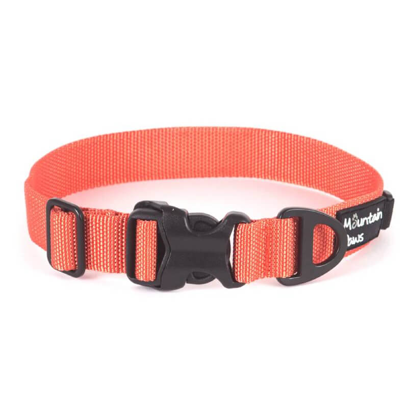 Mountain Paws Extra Tough Dog Collar Orange with black buckle and strap adjuster.