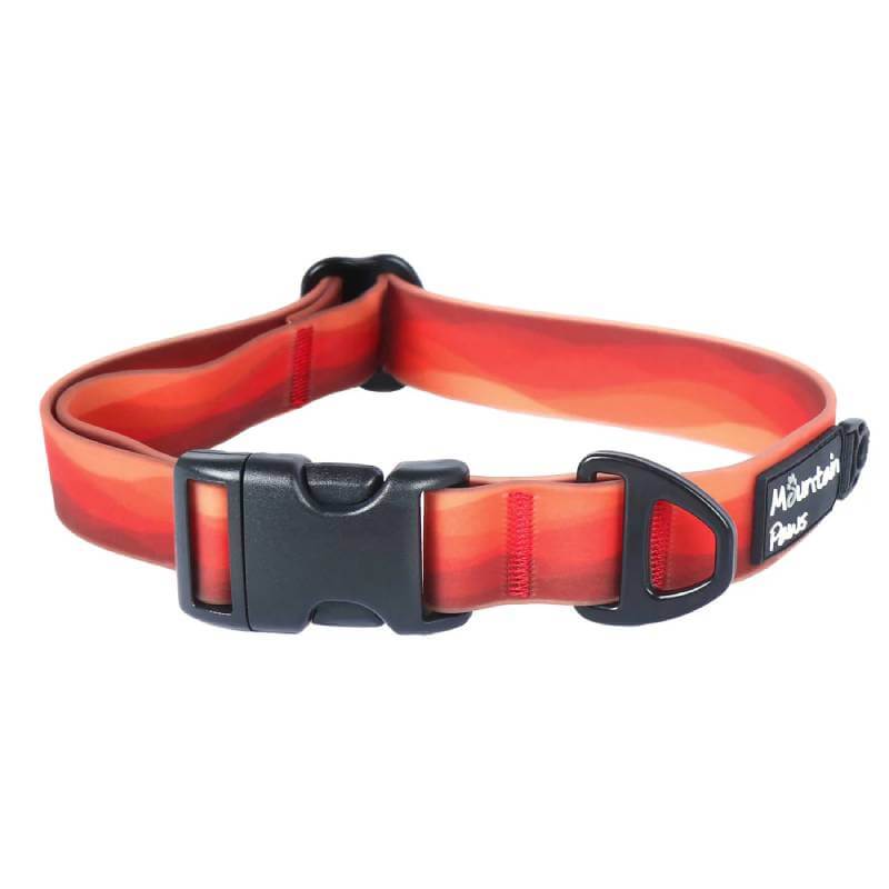 Mountain Paws Waterproof Dog Collar Orange with black plastic buckle and metal D-ring.