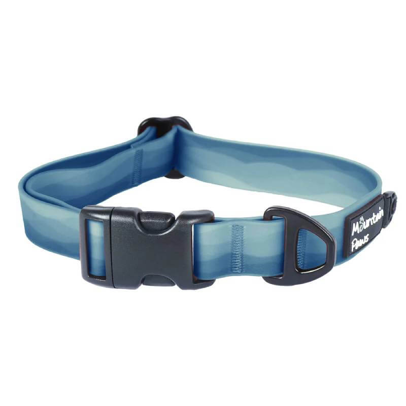 Mountain Paws Waterproof Dog Collar in Blue with black buckle and metal ring.