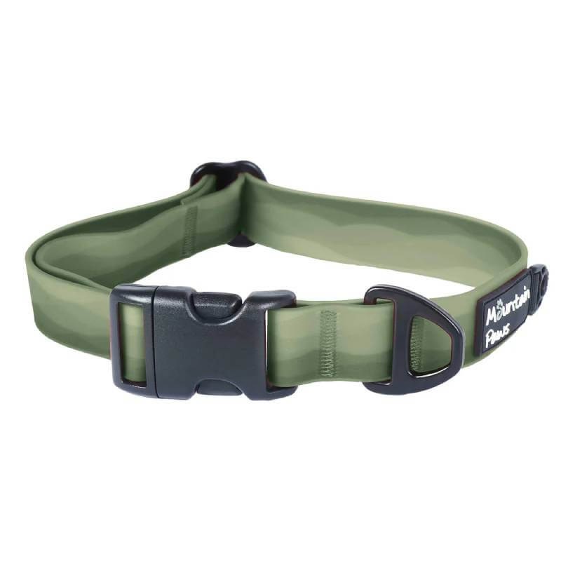 Mountain Paws Waterproof Dog Collar Green with black buckle and D-ring attachment.