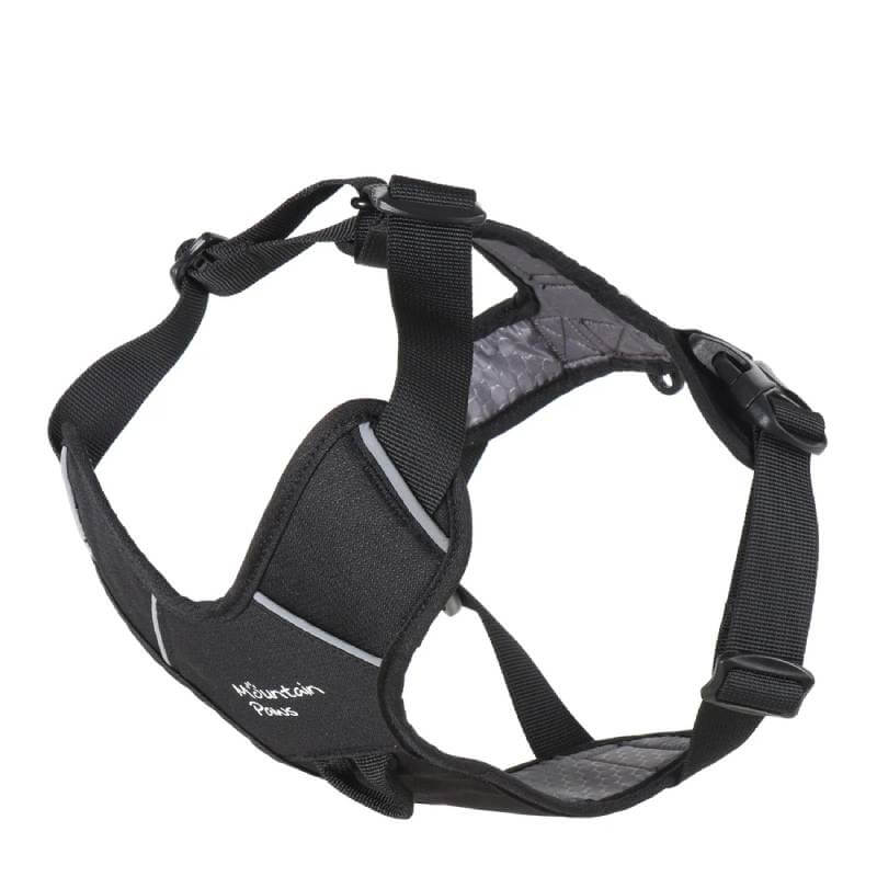 Mountain Paws Dog Harness Black with reflective trim and adjustable buckles.