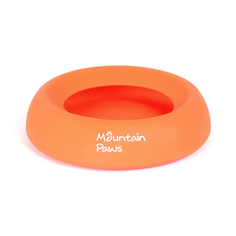 Mountain Paws Splashproof Dog Bowl, BPA-free, non-slip, features white Orange Mountain Paws logo.