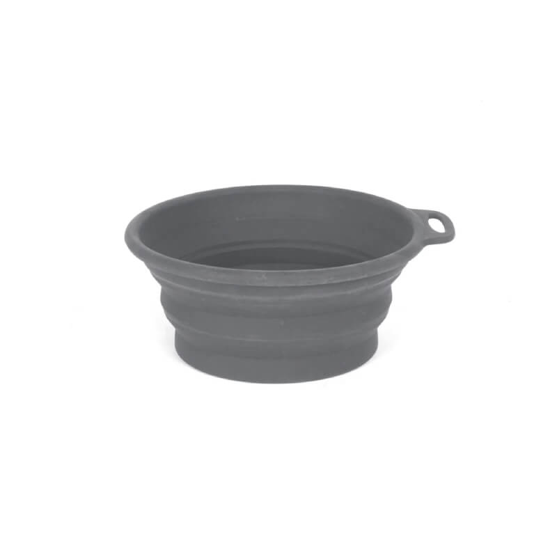 Mountain Paws Collapsible Silicone Dog Bowl in gray with handle—ideal for travel.