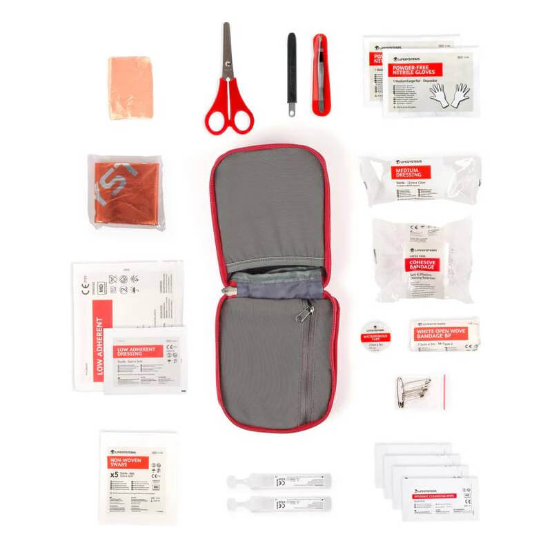 Mountain Paws Dog First Aid Kit with white cross and handle, by Mountain Paws.