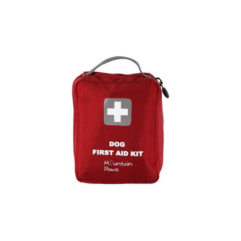 Mountain Paws Dog First Aid Kit with white cross and handle, by Mountain Paws.